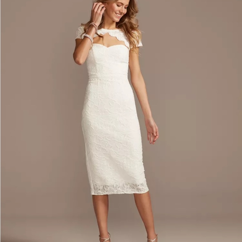 DB Studio fitted lace white dress below-the-knee. Never worn with tags